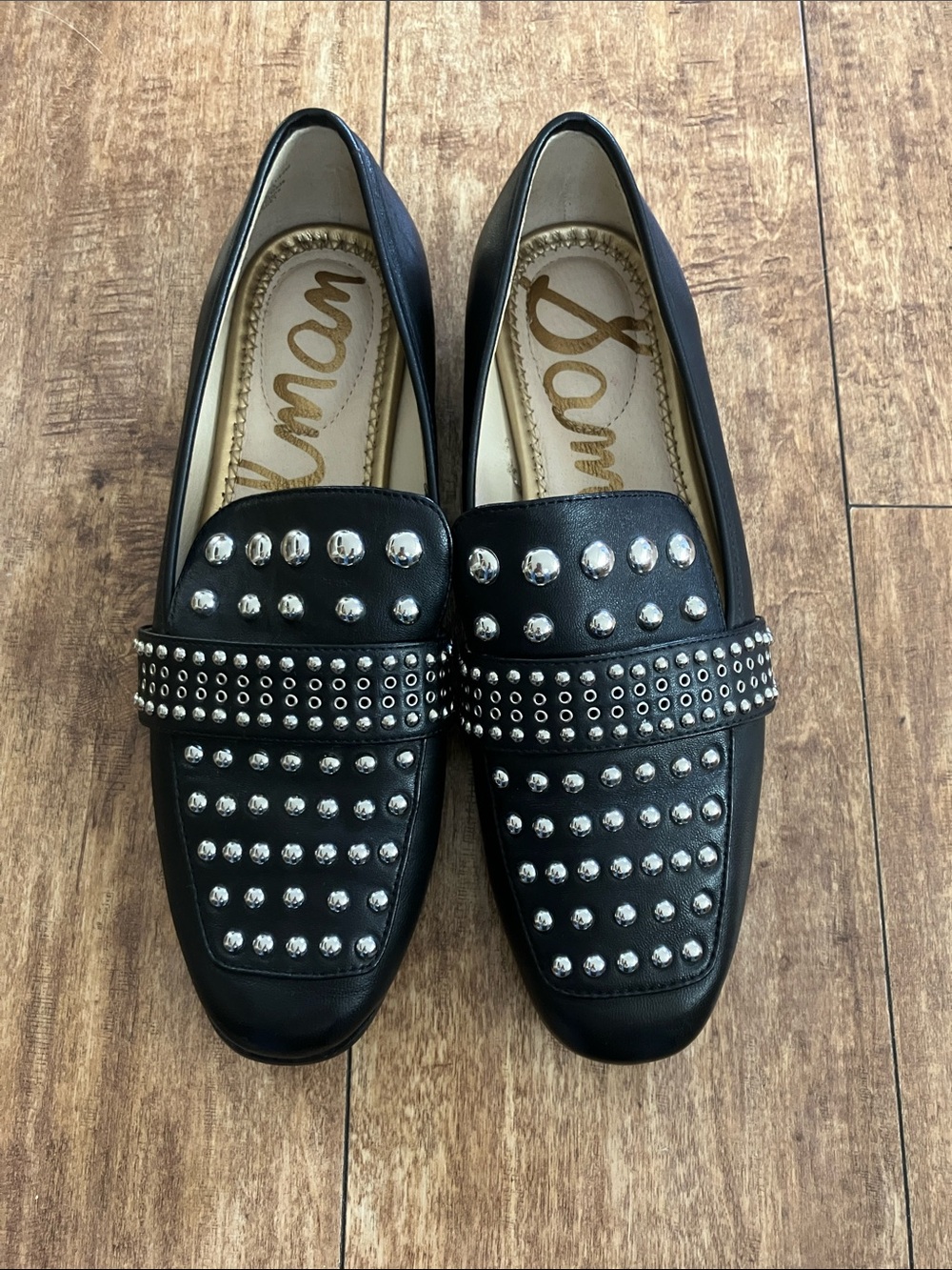 Sam Edelman Women’s Black Leather Studded Slip-On Loafers
